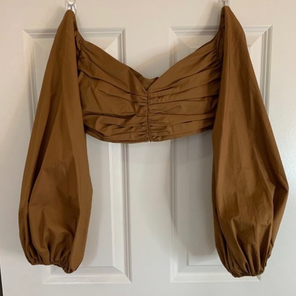 Zara Pecan Ruched Off Shoulder Crop Top Puff Long Sleeve Blouse - Picture 5 of 5
